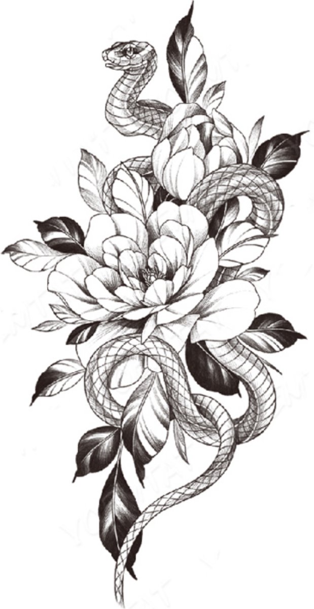 Tattoos - Zwart Wit Tattoo - Tijdelijke & Waterbestendig Tattoo - Ontwerp Tattoo - Arm & Lichaam Tattoo - Vrouwen Tattoo - Nep Tattoo - Tatoeage & Tatoeages - Tatoeages volwassenen | Snake & Flowers